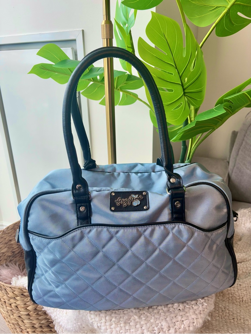 Vintage Y2K Foxy Jeans Baby Blue Quilted Cherry Travel Bag Weekender